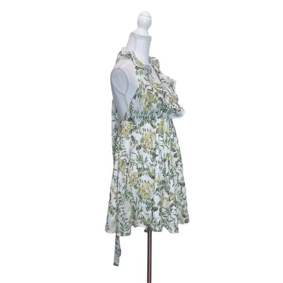 Angel Biba Tropical Leaves Print Halter Mini Dress Sz 12 Backless Open Back - Picture 2 of 6